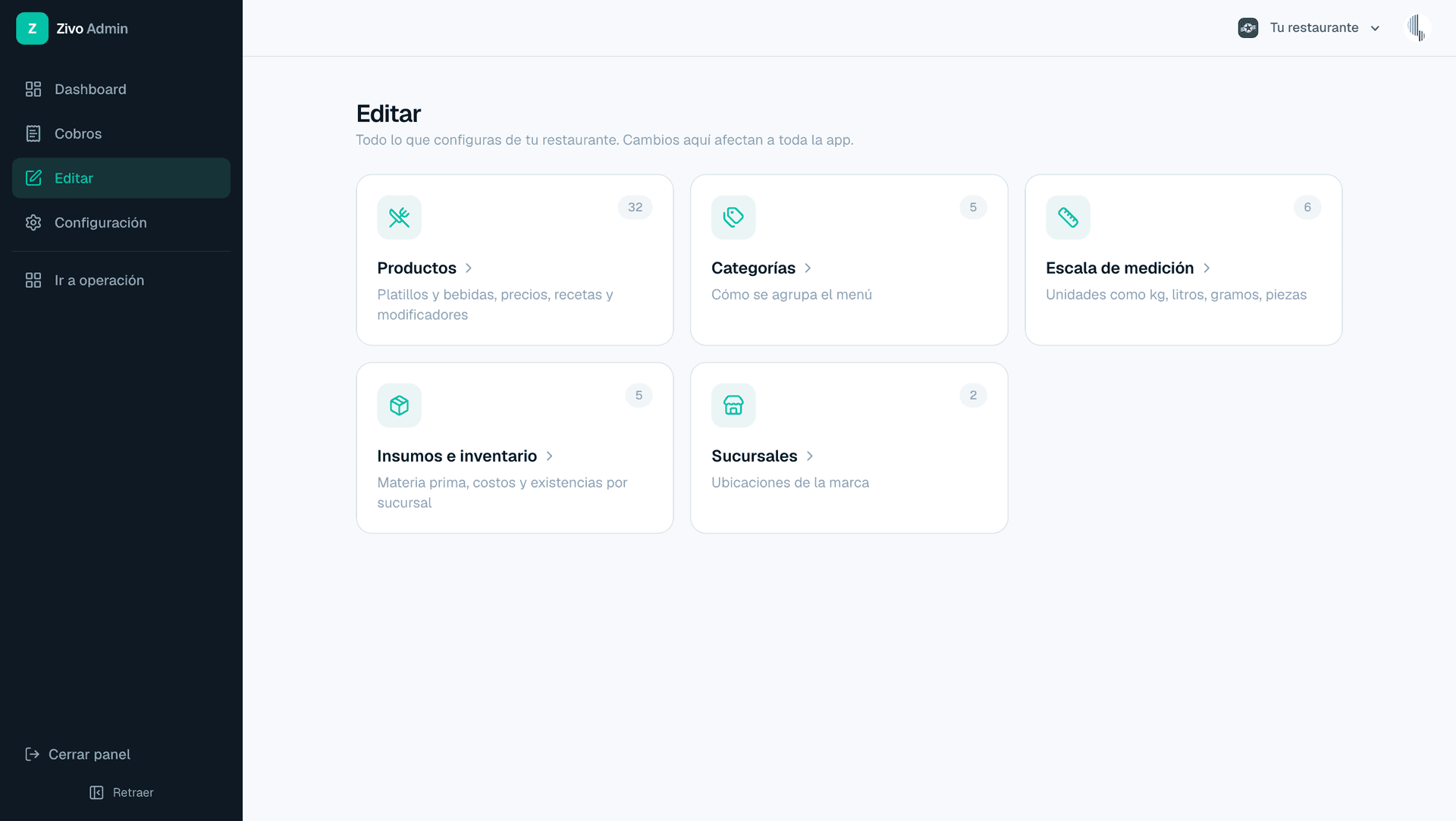 Panel de configuración central con productos, categorías e inventario